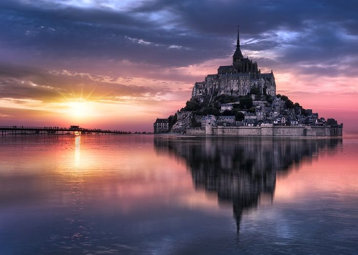 Le Mont-Saint-Michel at sunset, Normandie, Bretagne, France, Europe