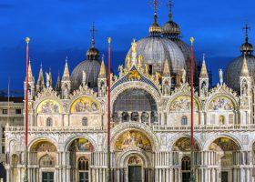 Exterior view of St. Mark's Basilica in Venice at night