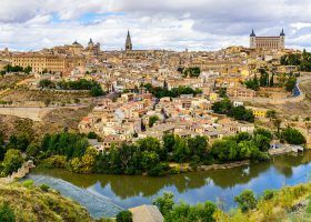 Skyline of the Toledo Spain with river in the foreground.