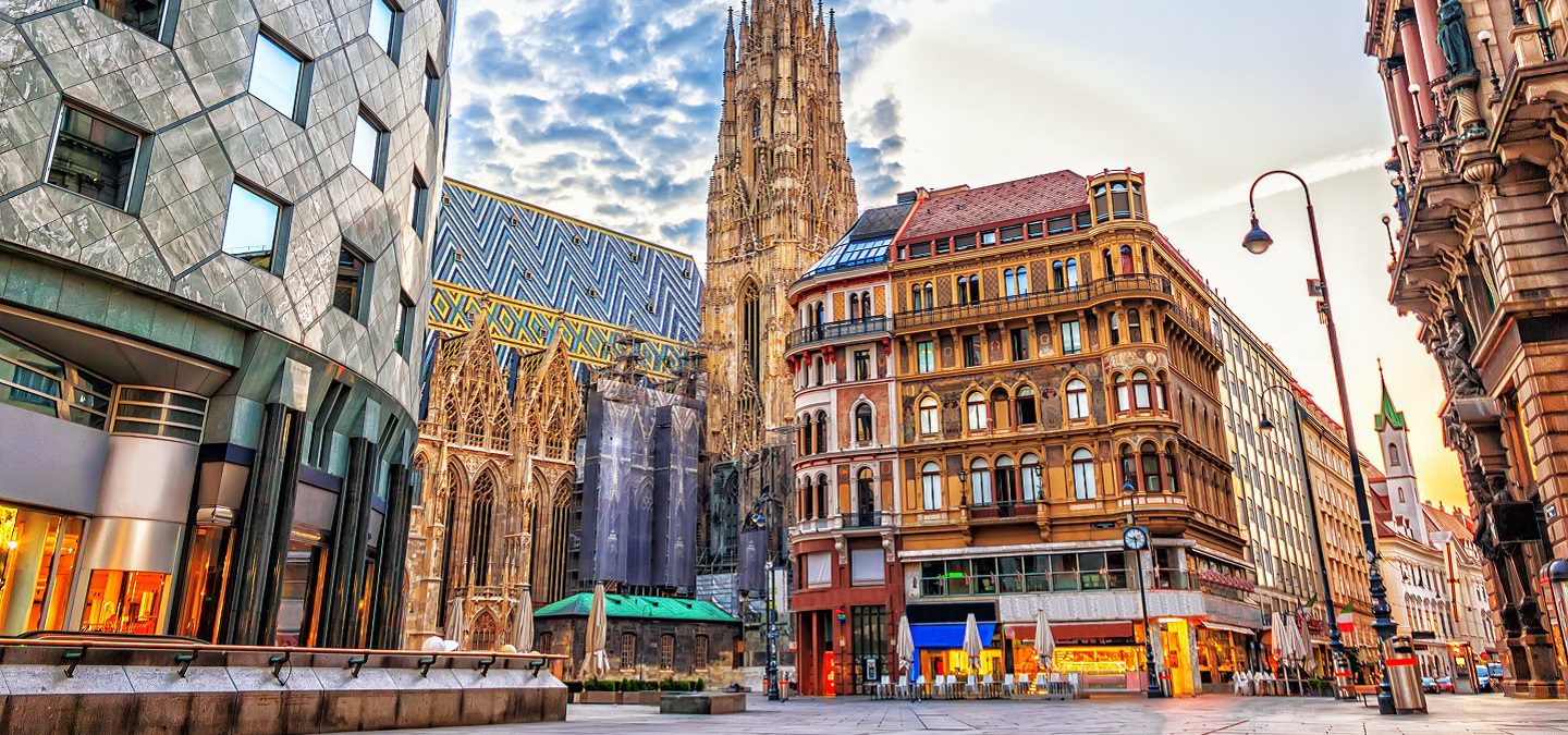 St. Stephens cathedral in the background with buildings in the foreground located in Vienna